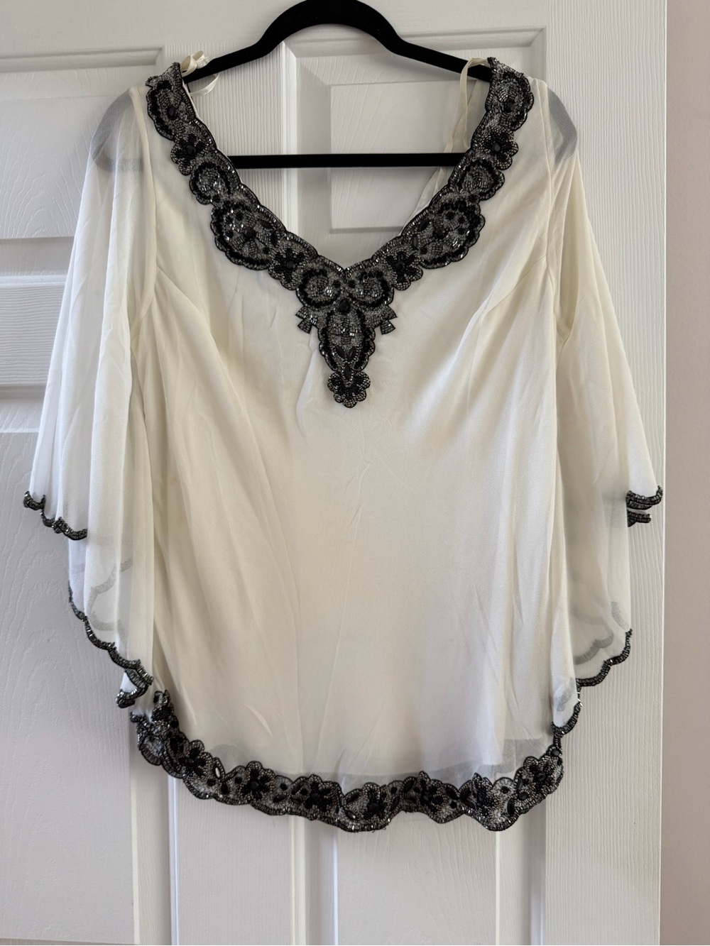 J Kara White Chiffon Blouse with Black Embellished Trim